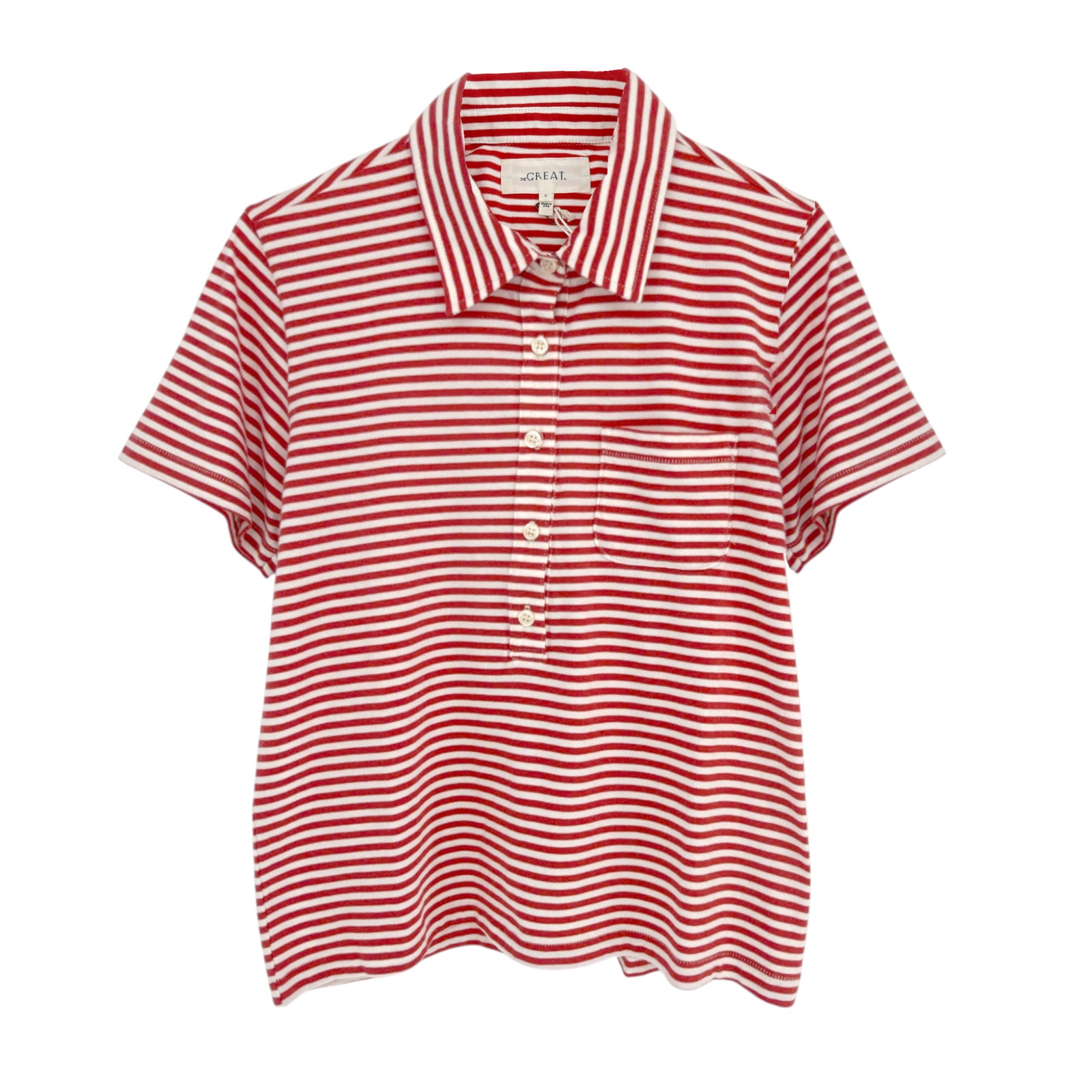 The Great. The Lacrosse Polo. In Sun Cherry Stripe 0|Xs